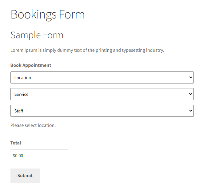 Published Booking Form