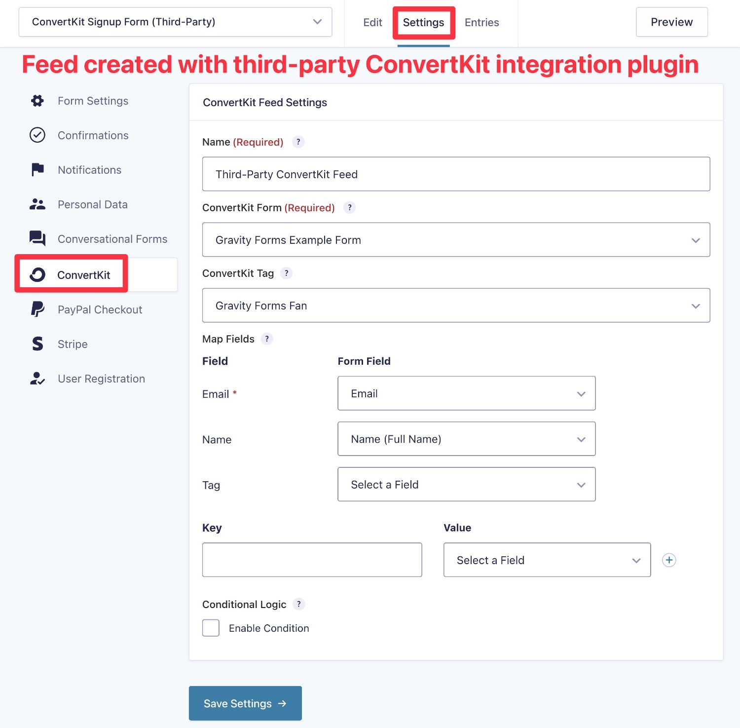 A ConvertKit feed with the third-party plugin