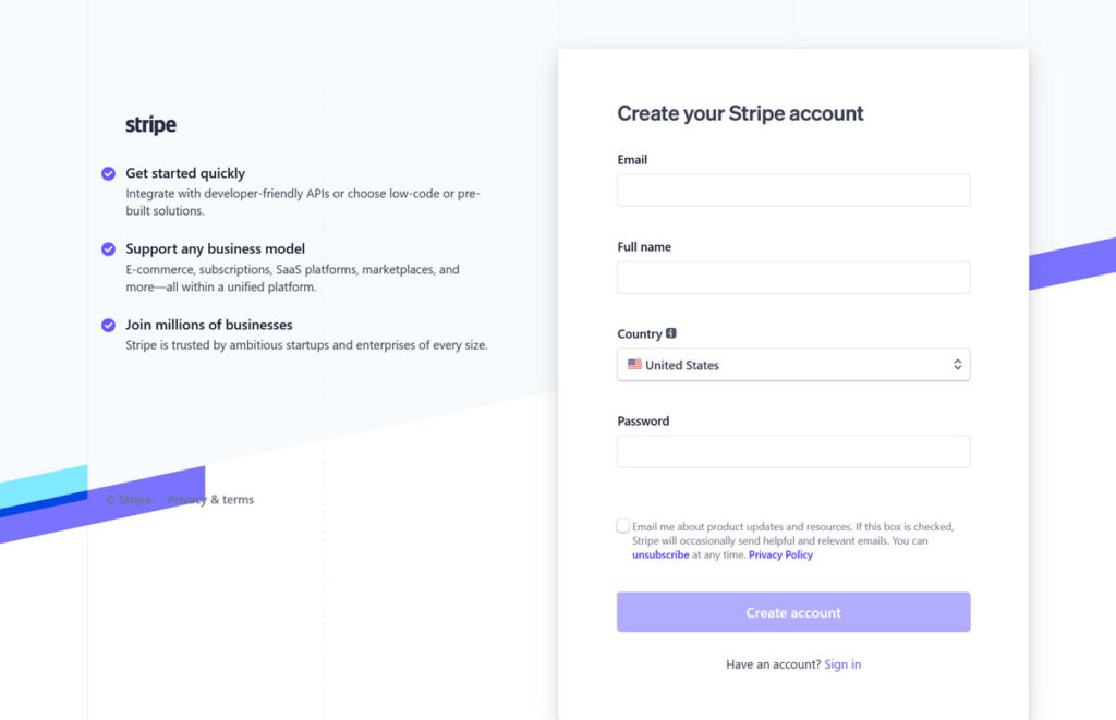 create stripe account to use for online payment forms