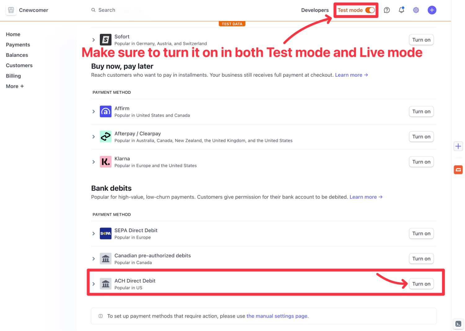 How to enable Stripe ACH payments in live and test mode
