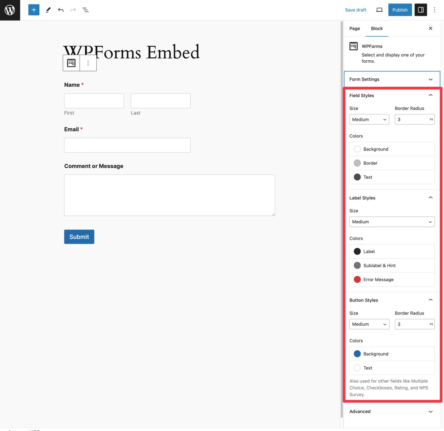 WPForms embed and style options