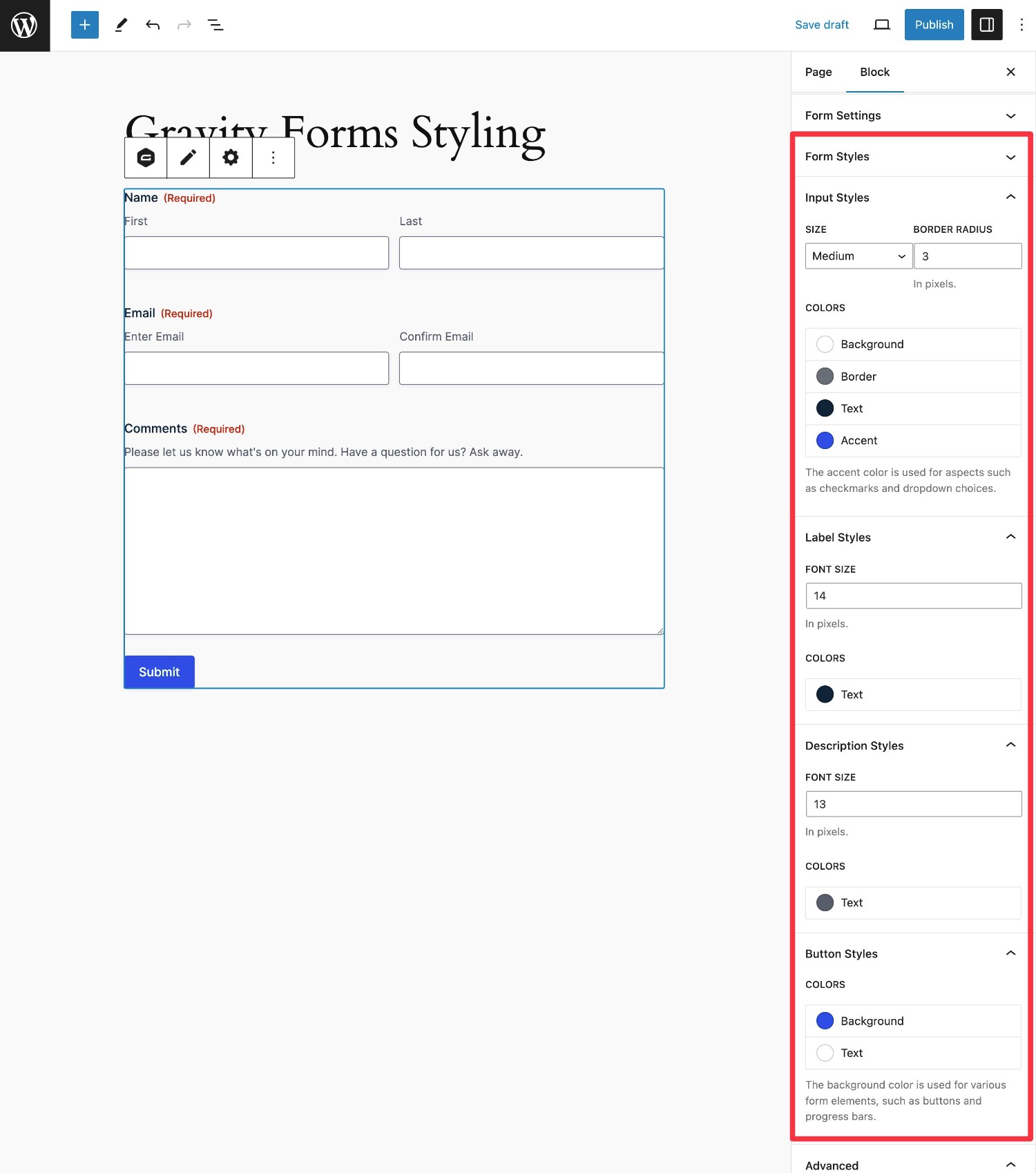 Gravity Forms style options