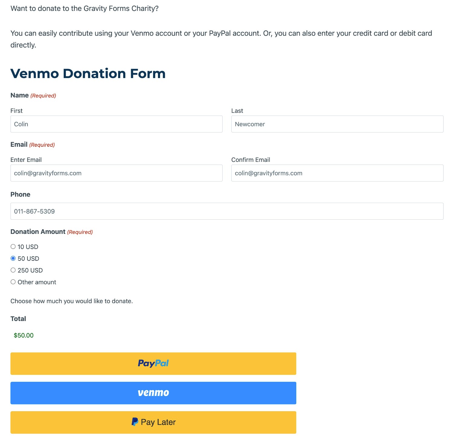 Venmo donation form on WordPress