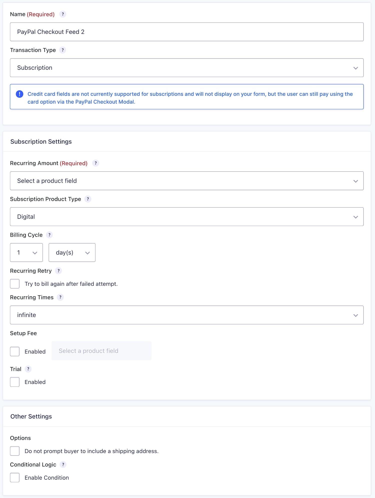 Configure recurring payment feed