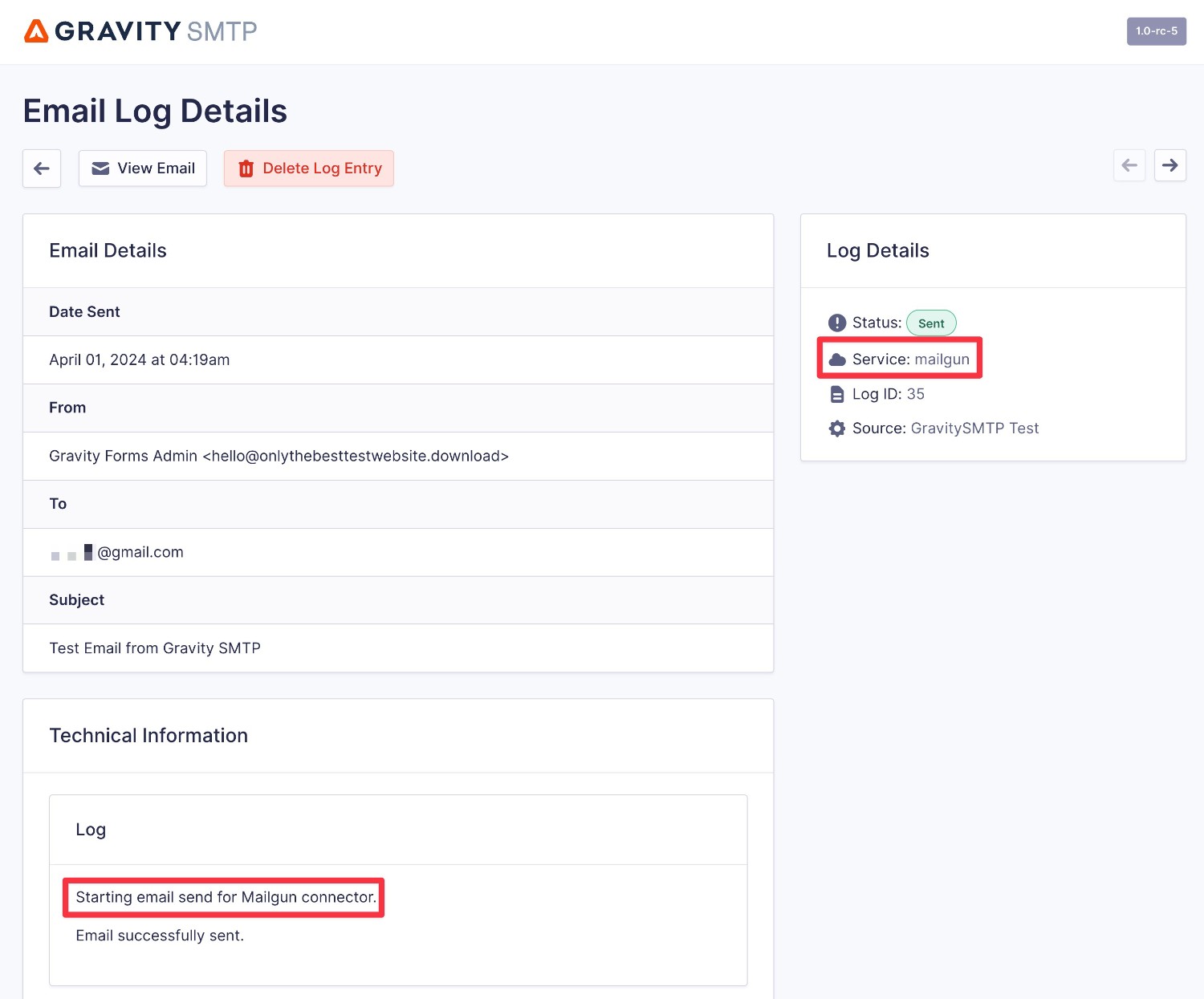 Gravity SMTP email log details