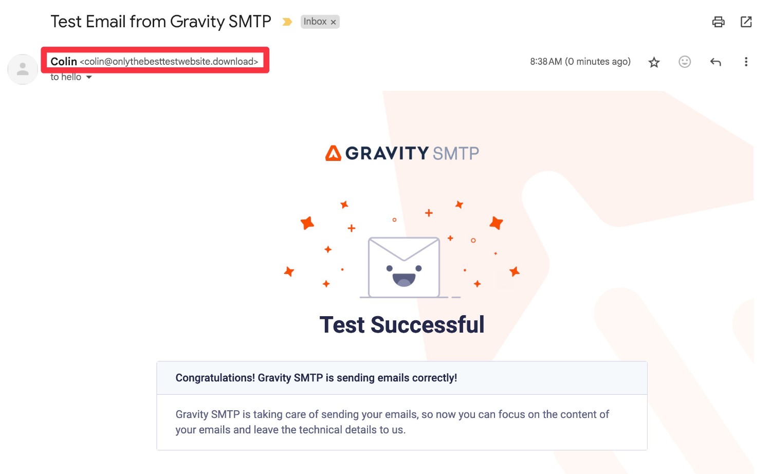 An example of the Gravity SMTP test email