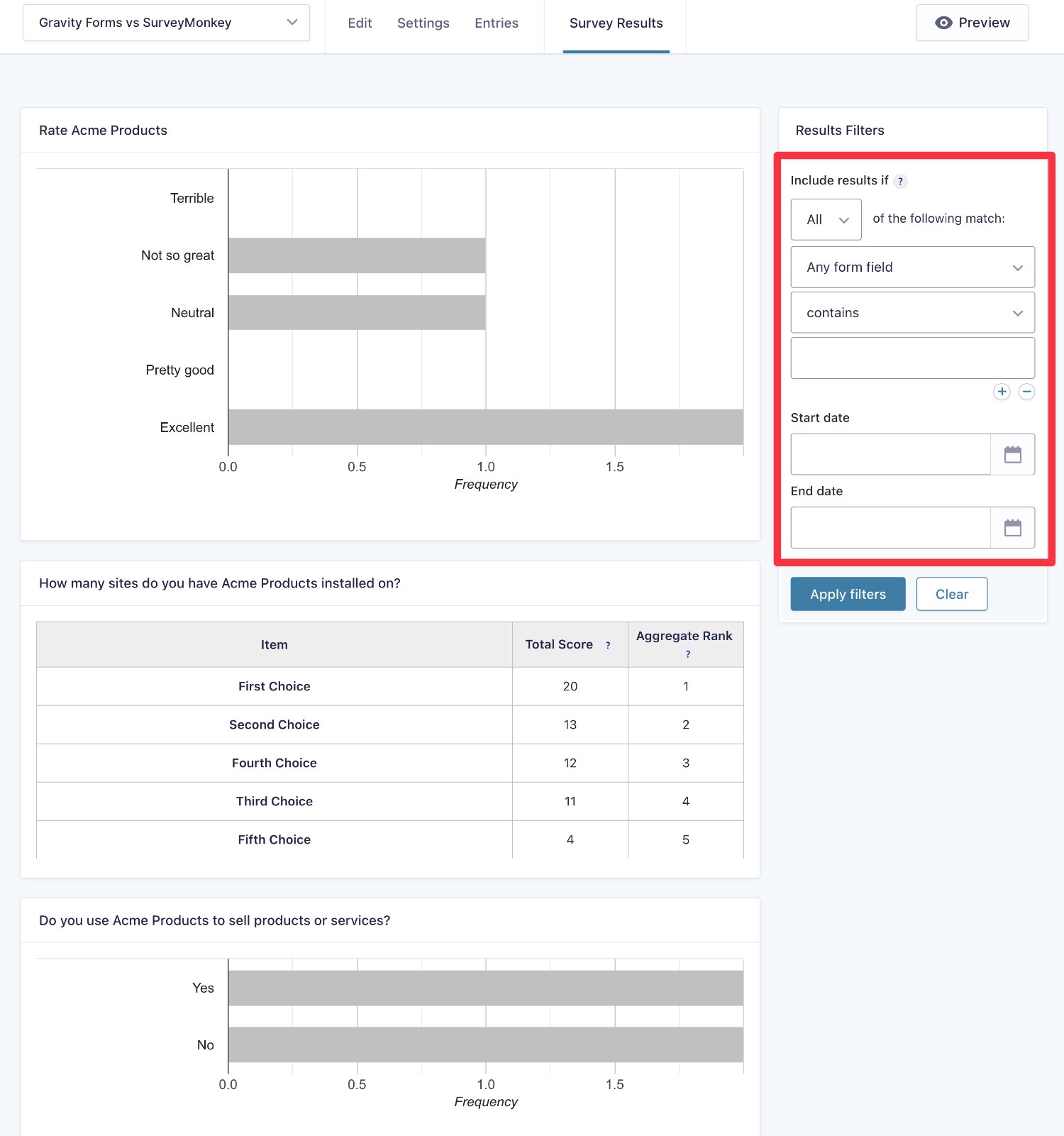 Gravity Forms survey analys dashboard