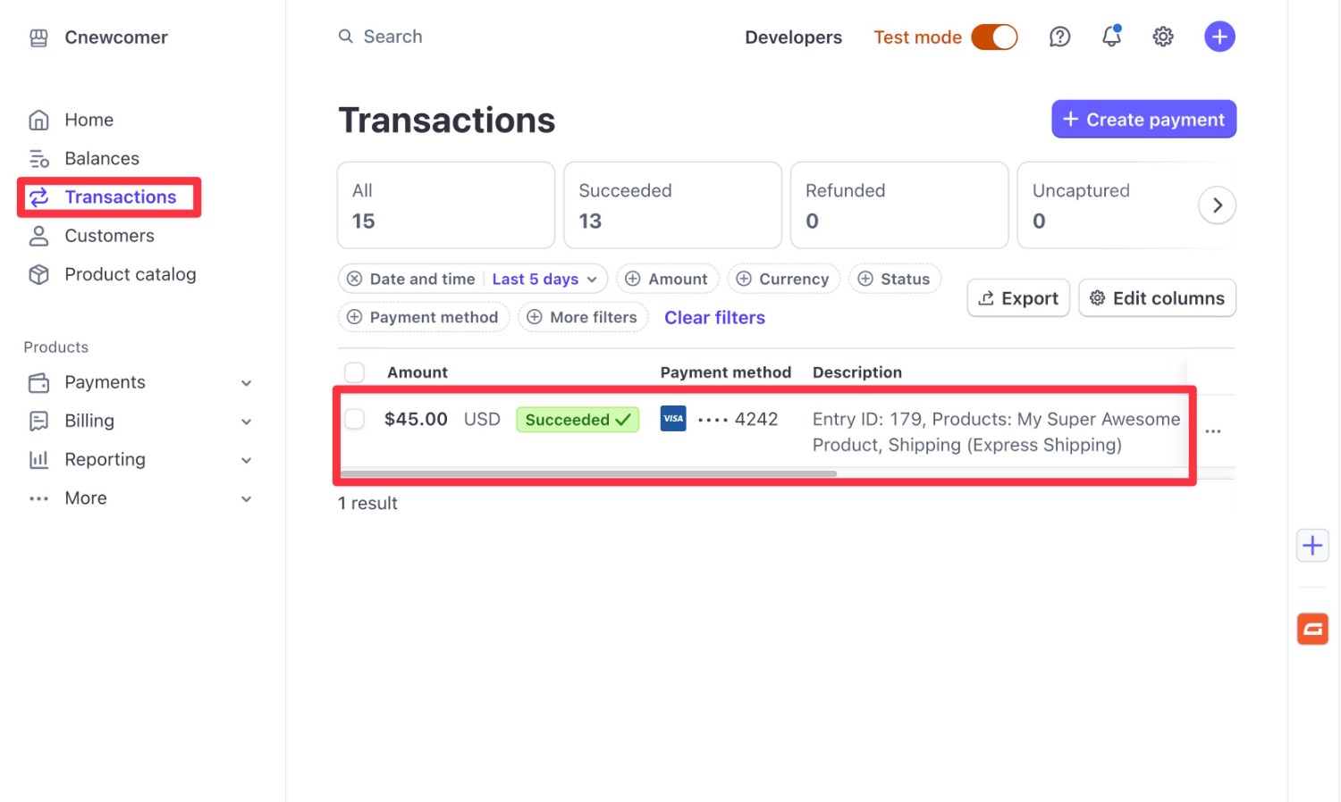 Stripe transaction dashboard