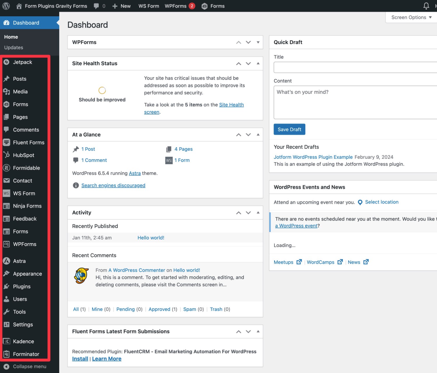 WordPress form plugin dashboard list