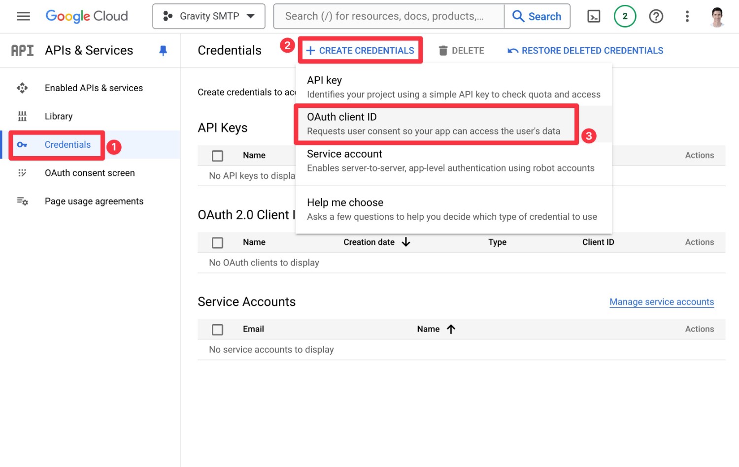 Create credentials for oAuth ID