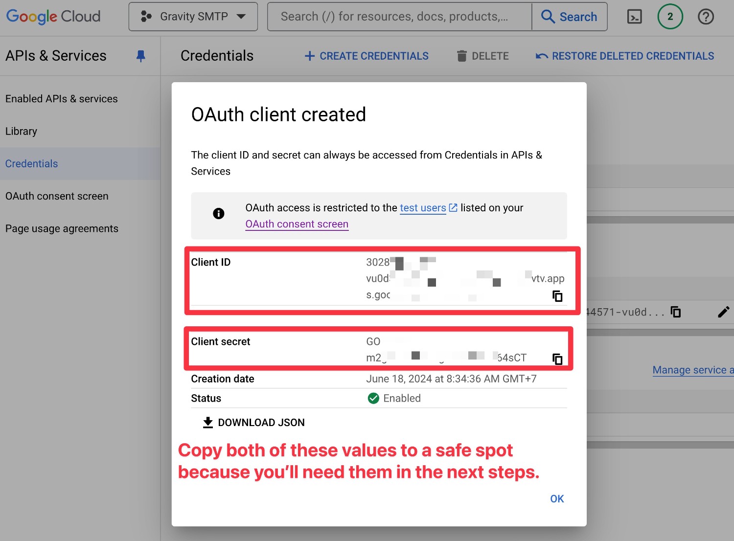 Copy the values from your oAuth client