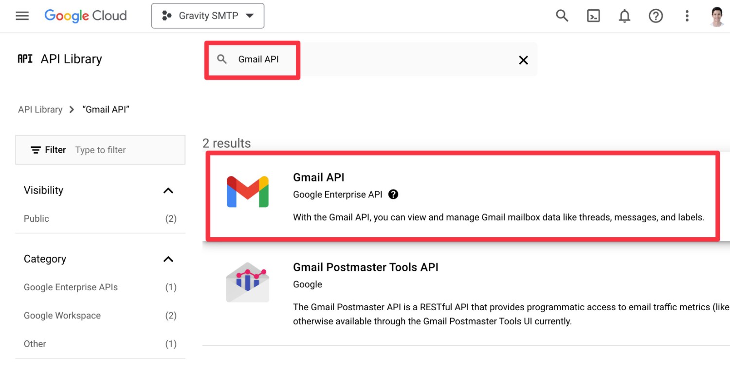 Search for Gmail API