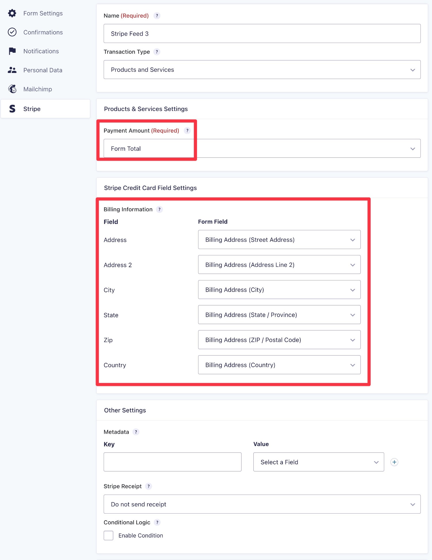 Stripe feed one-time payment settings