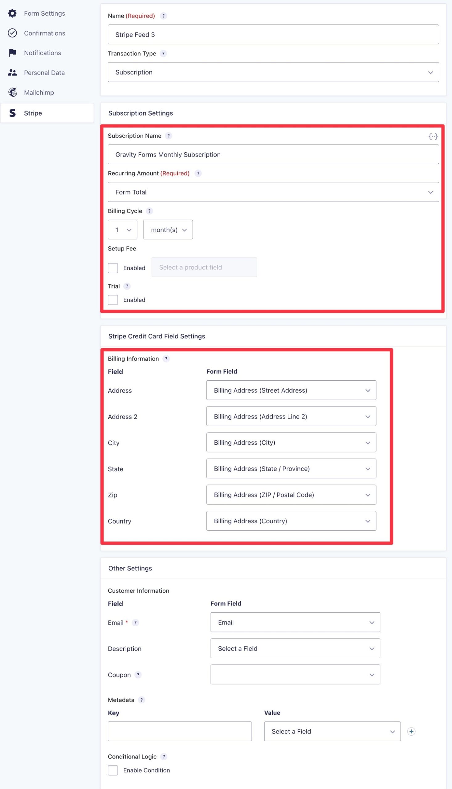 Stripe feed subscription payment settings