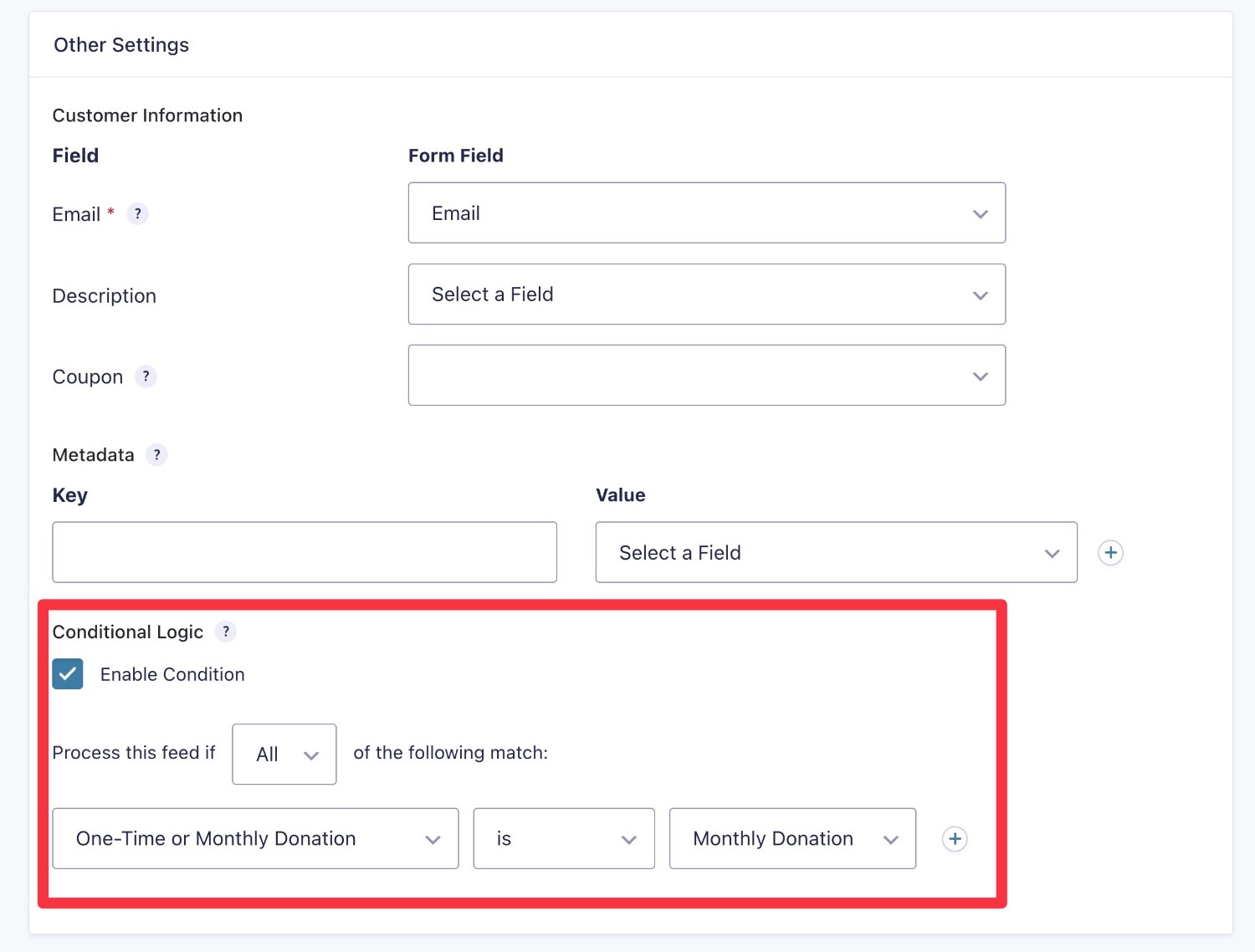 Stripe feed conditional logic