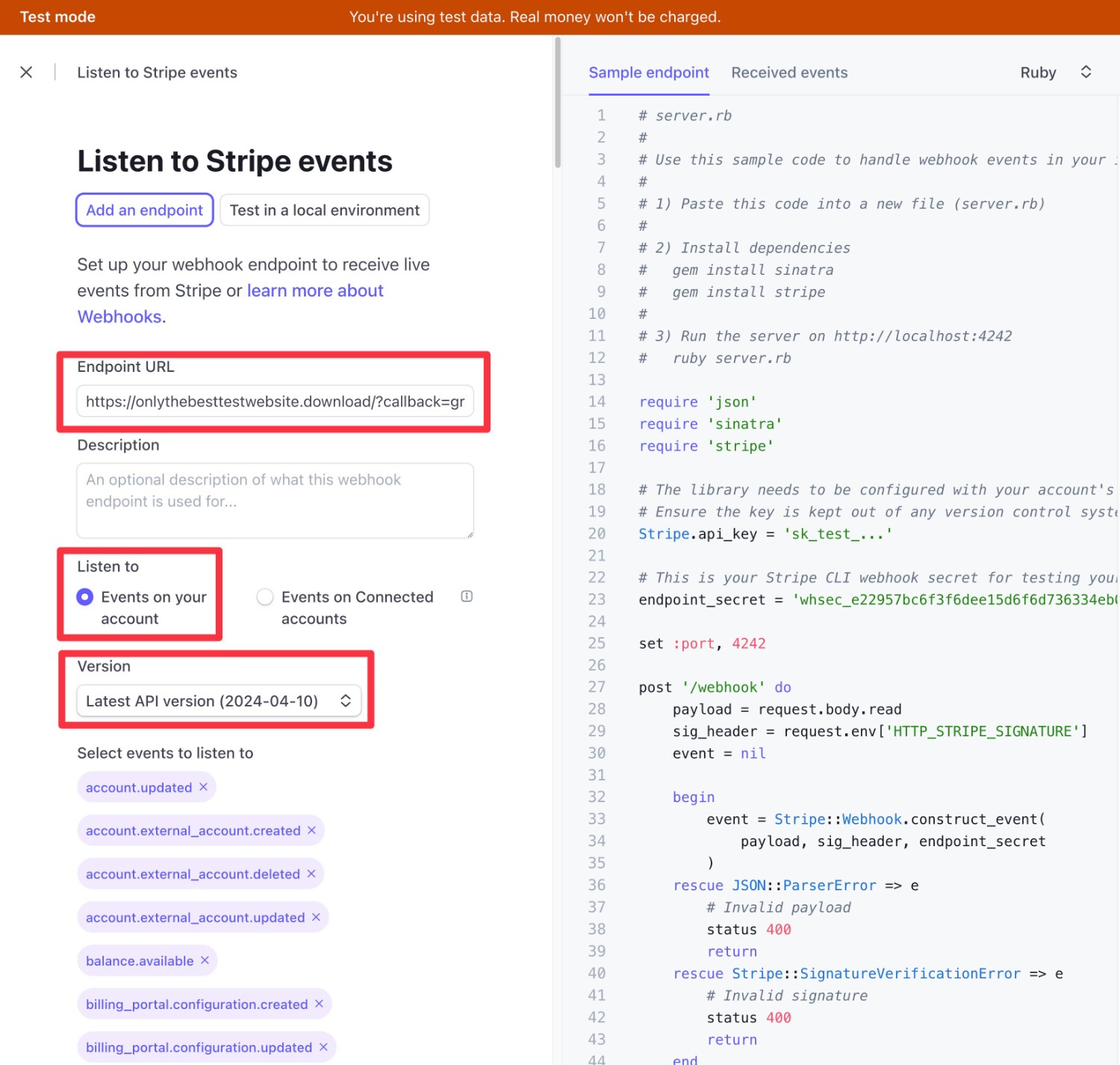 Configuring the endpoint URL in Stripe