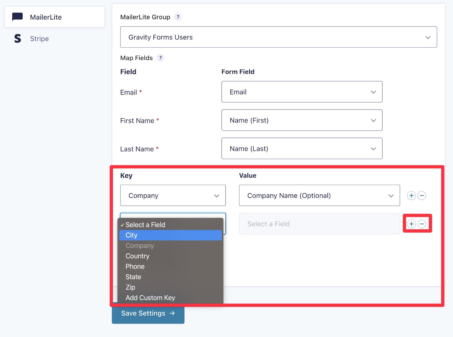 Select custom MailerLite fields