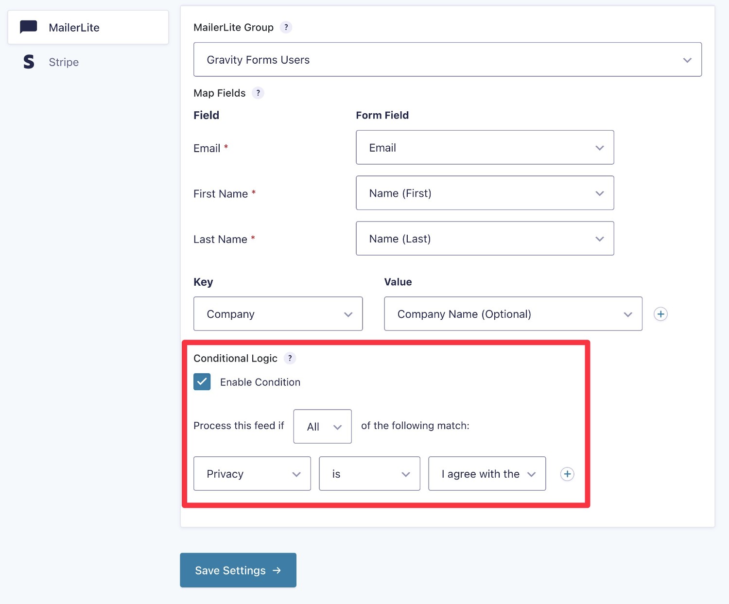 Add conditional logic to Gravity Forms MailerLite feed