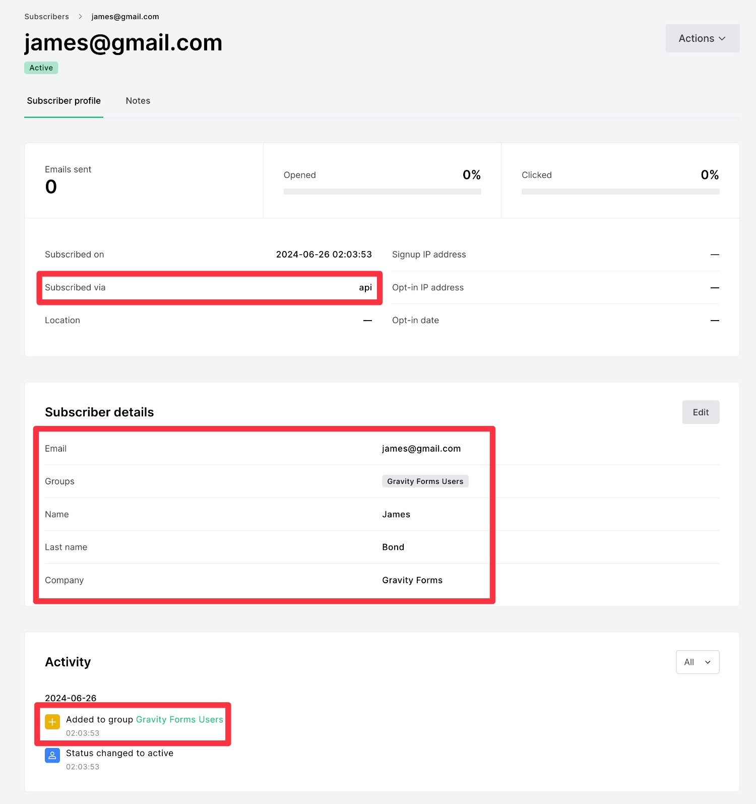 Dummy information in MailerLite dashboard