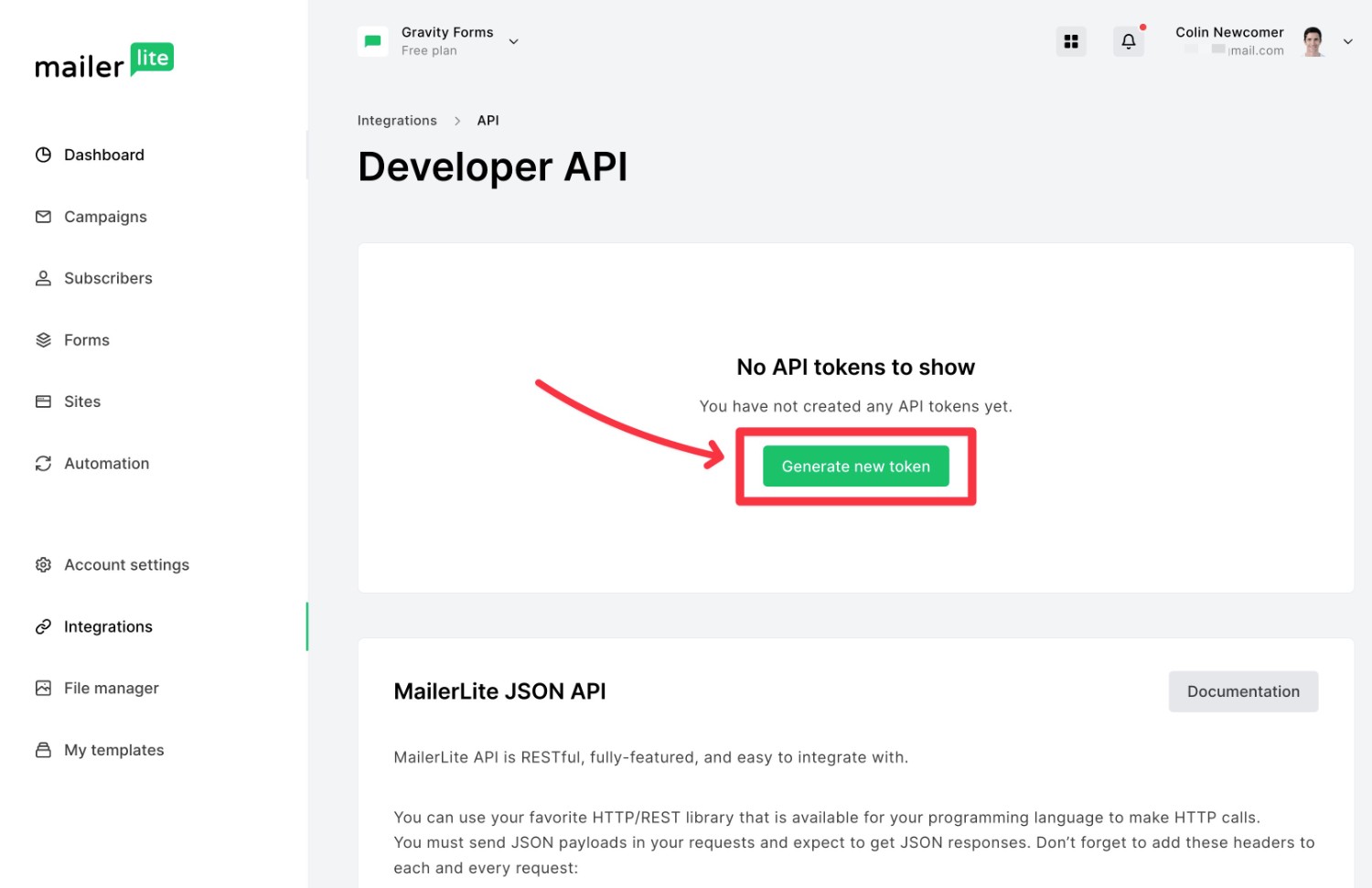 Create API key MailerLIte