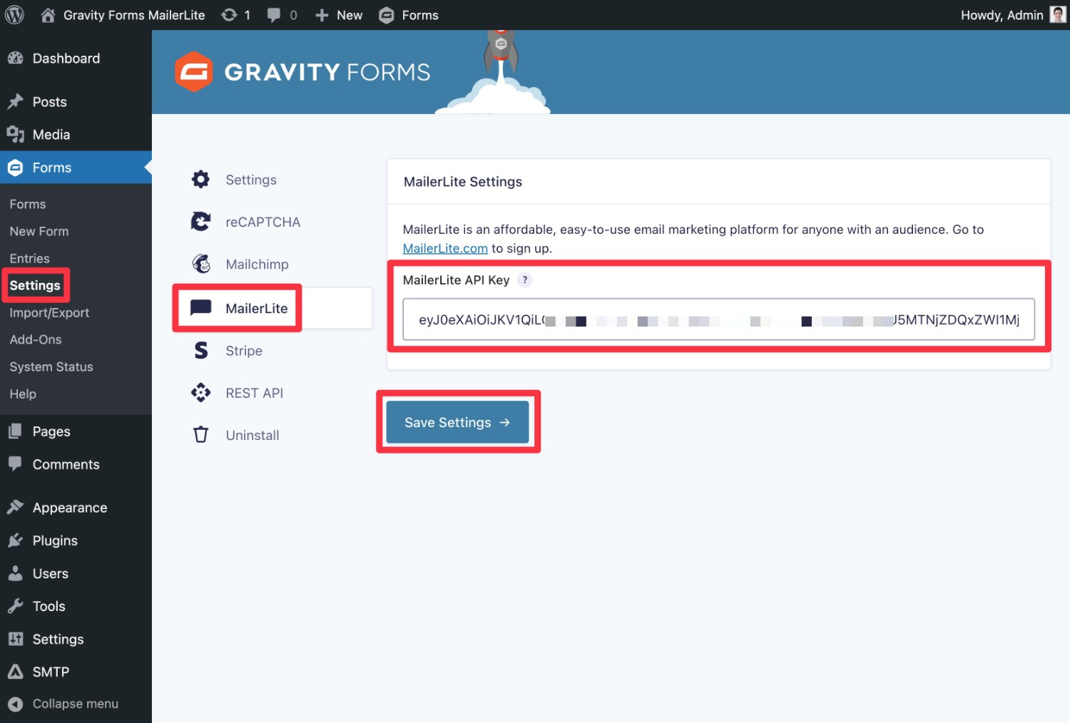 Adding the MailerLite API key to Gravity Forms