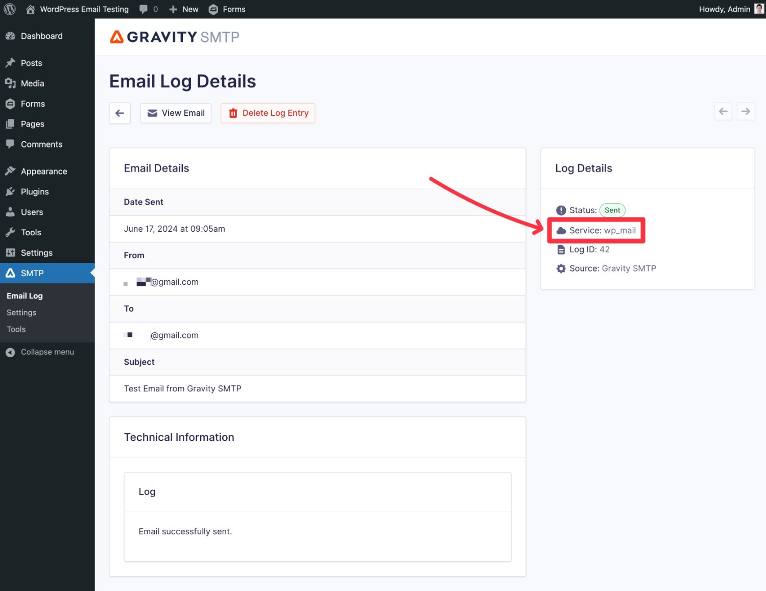 View the email sending service in Gravity SMTP