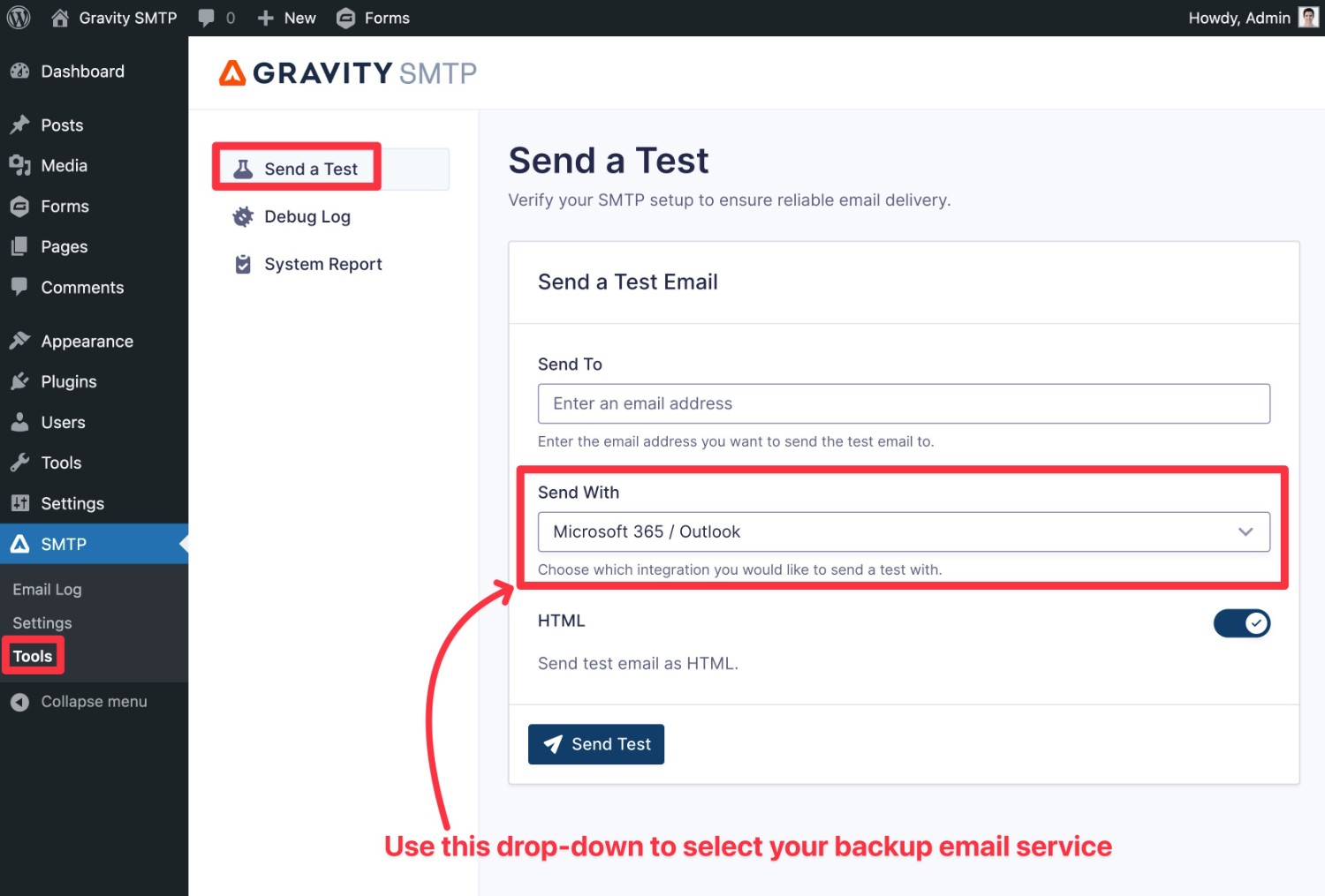 Send a test email with backup service