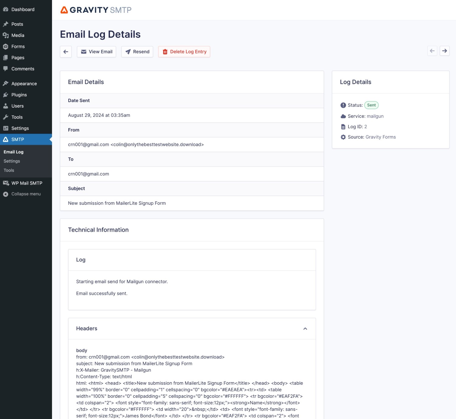 Gravity SMTP detailed log