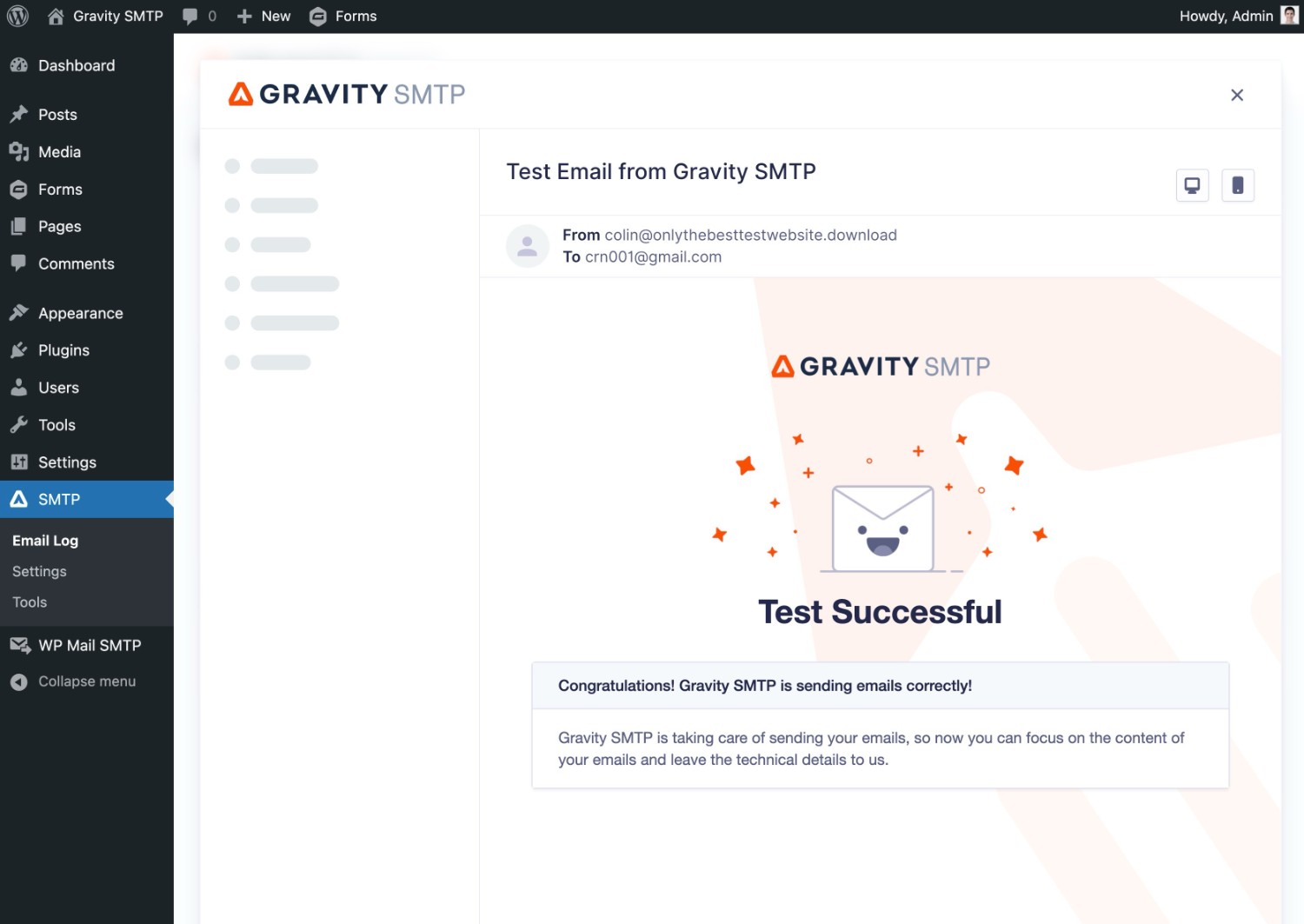 Gravity SMTP desktop content preview