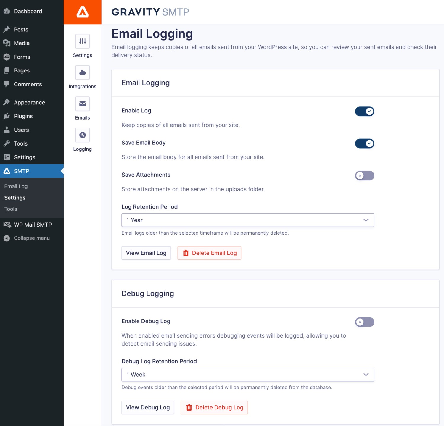 Gravity SMTP email log settings