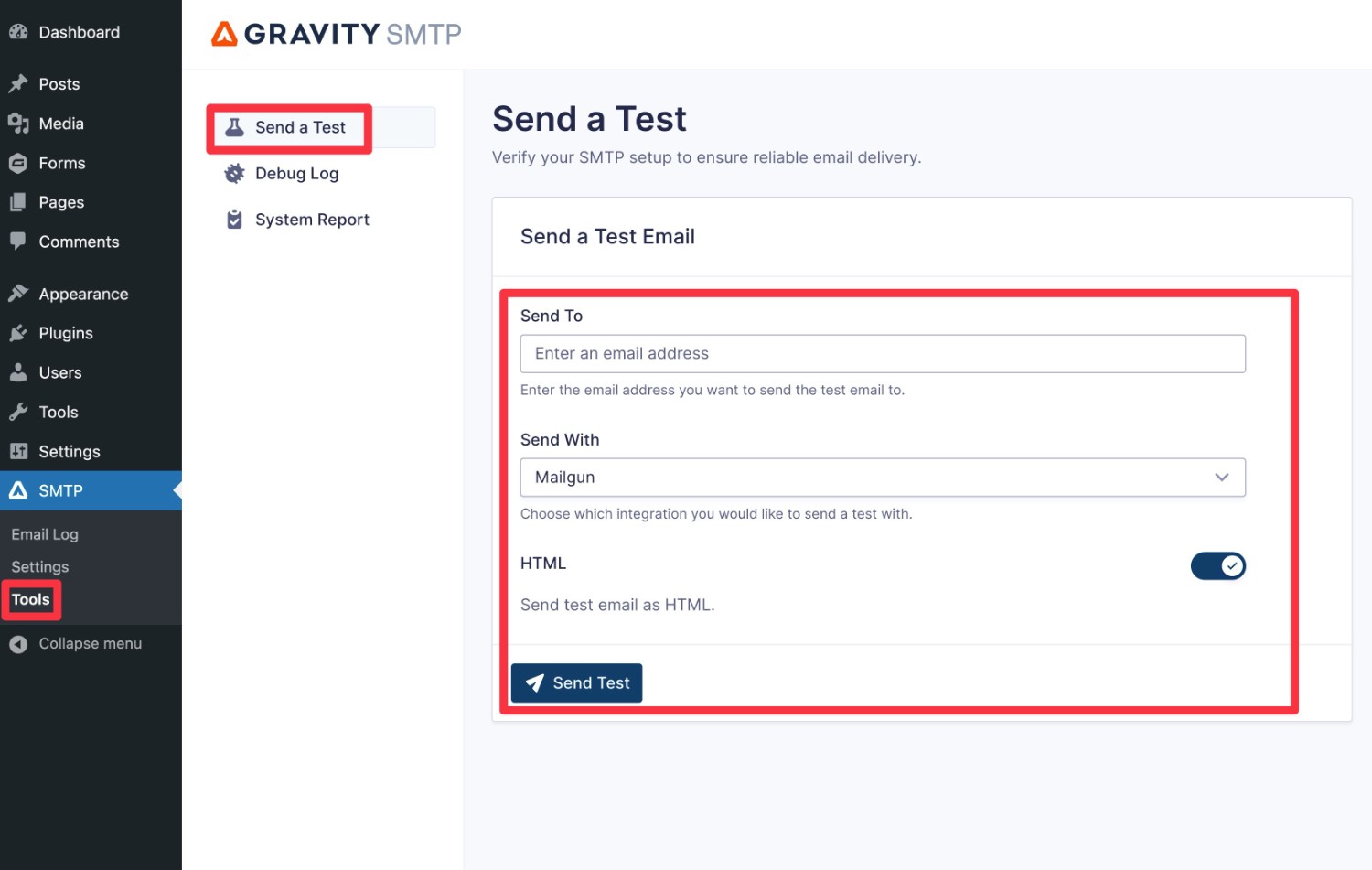 Gravity SMTP send test email