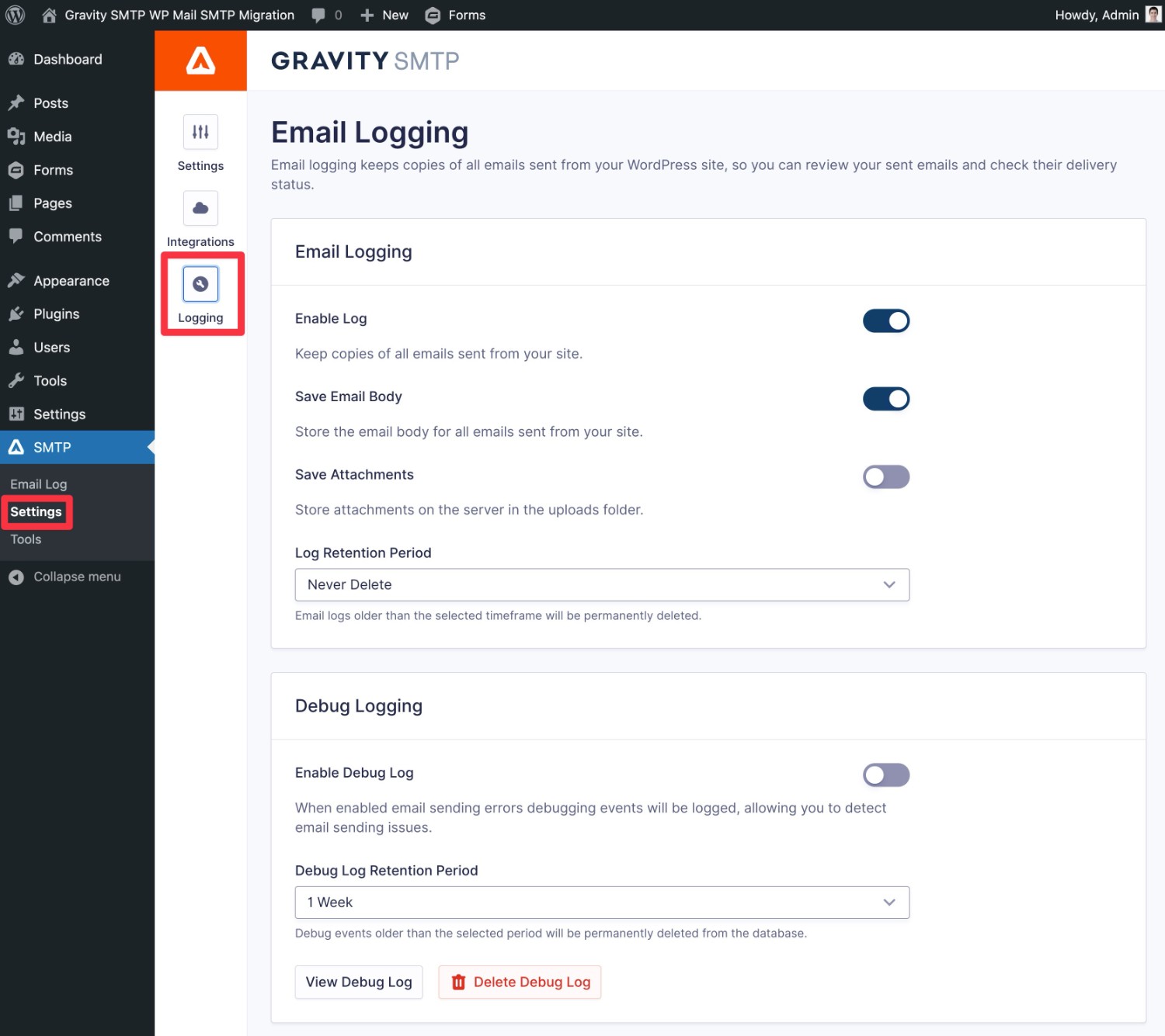 Configure Gravity SMTP email logging