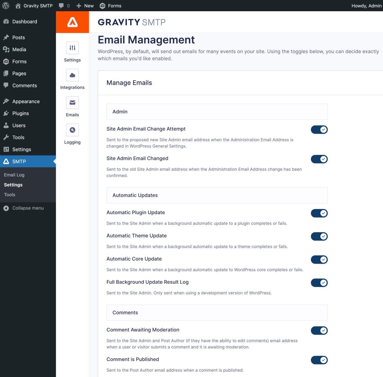 Gravity SMTP email management