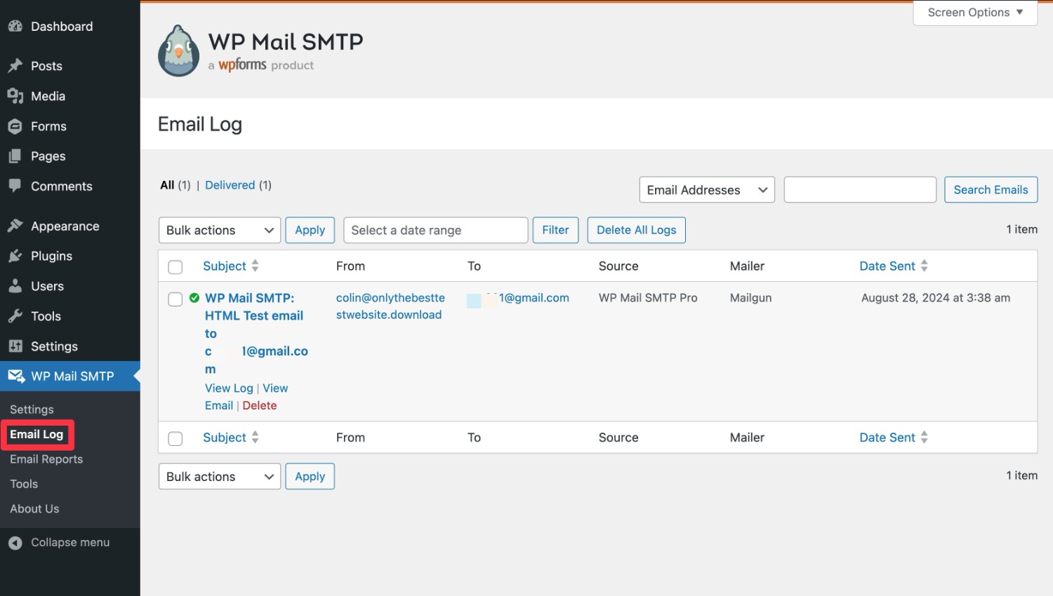 WP Mail SMTP email log