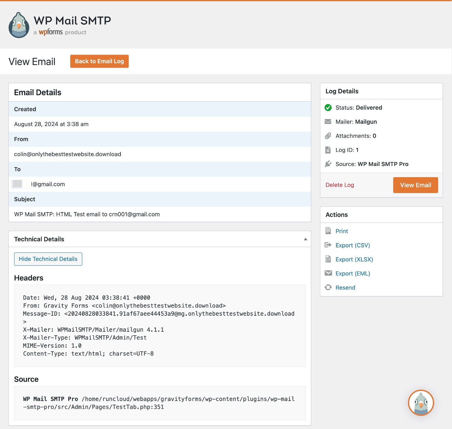 WP Mail SMTP email log details page