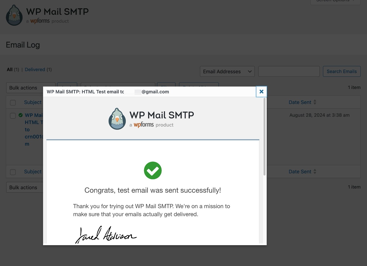 WP Mail SMTP email log content preview