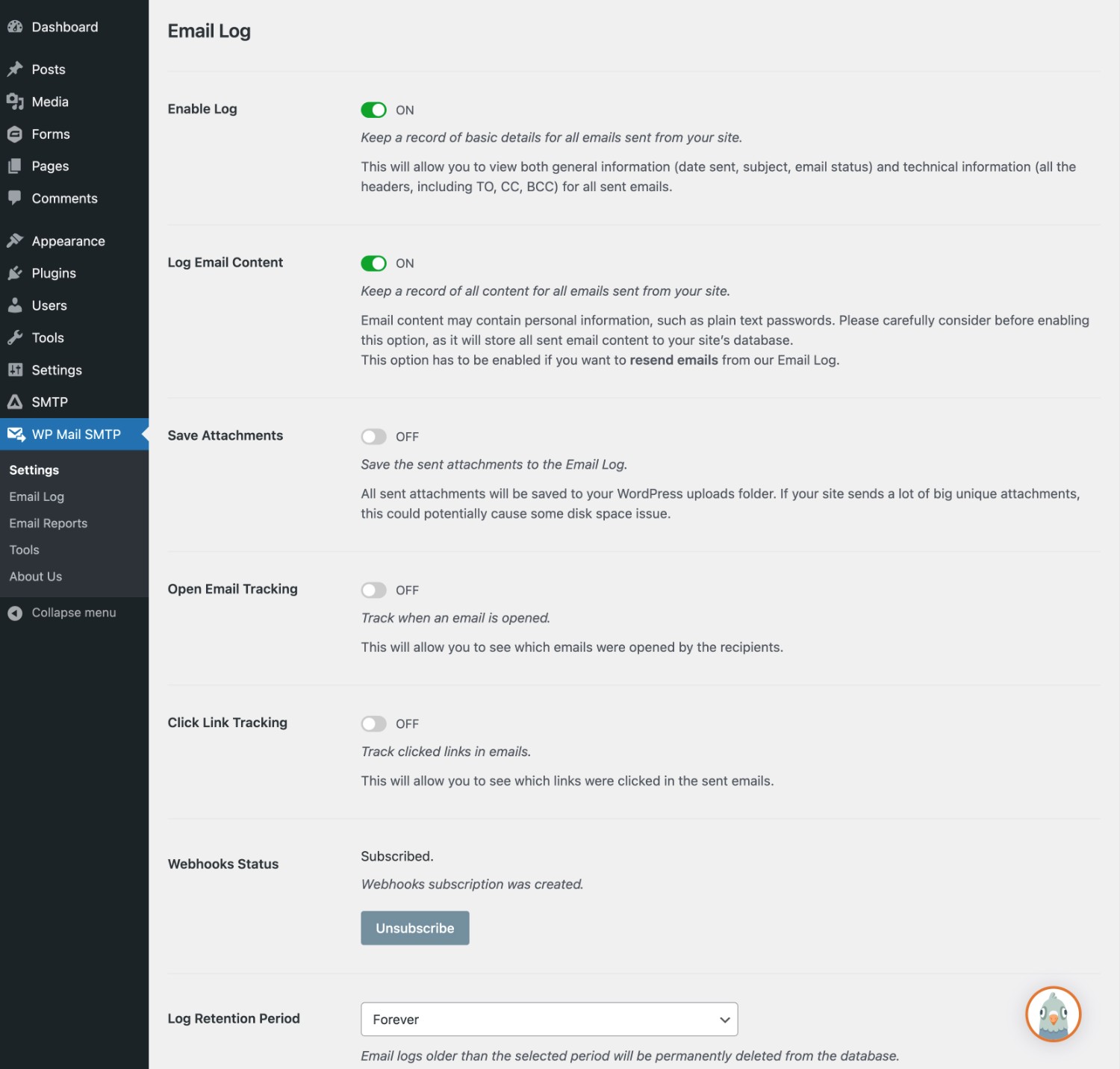 WP Mail SMTP email log settings