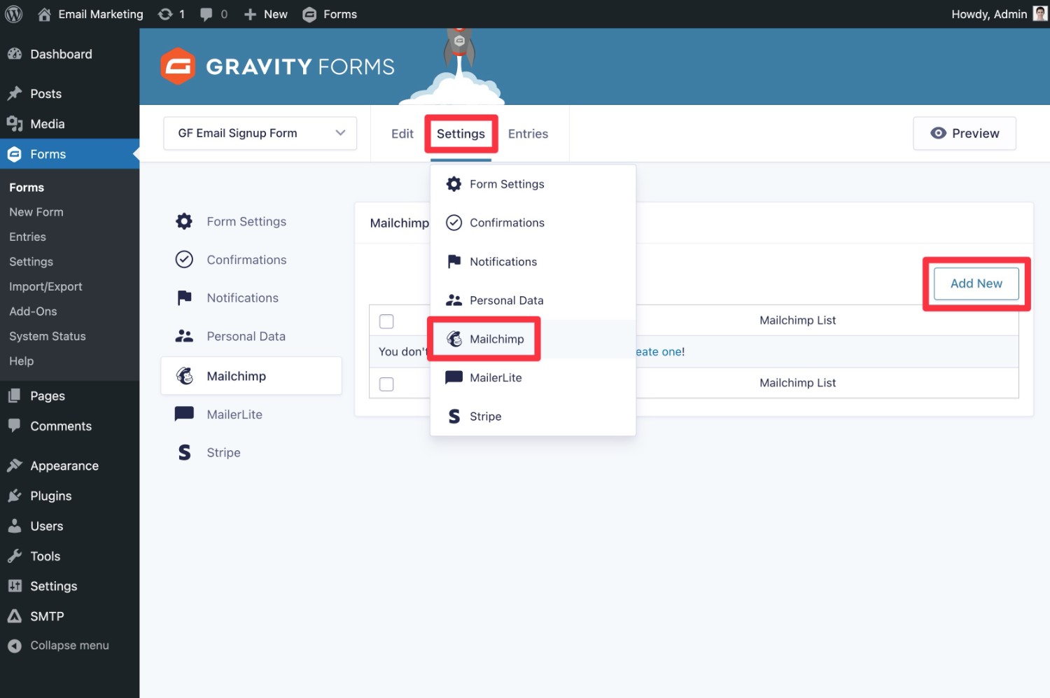 Access Mailchimp settings