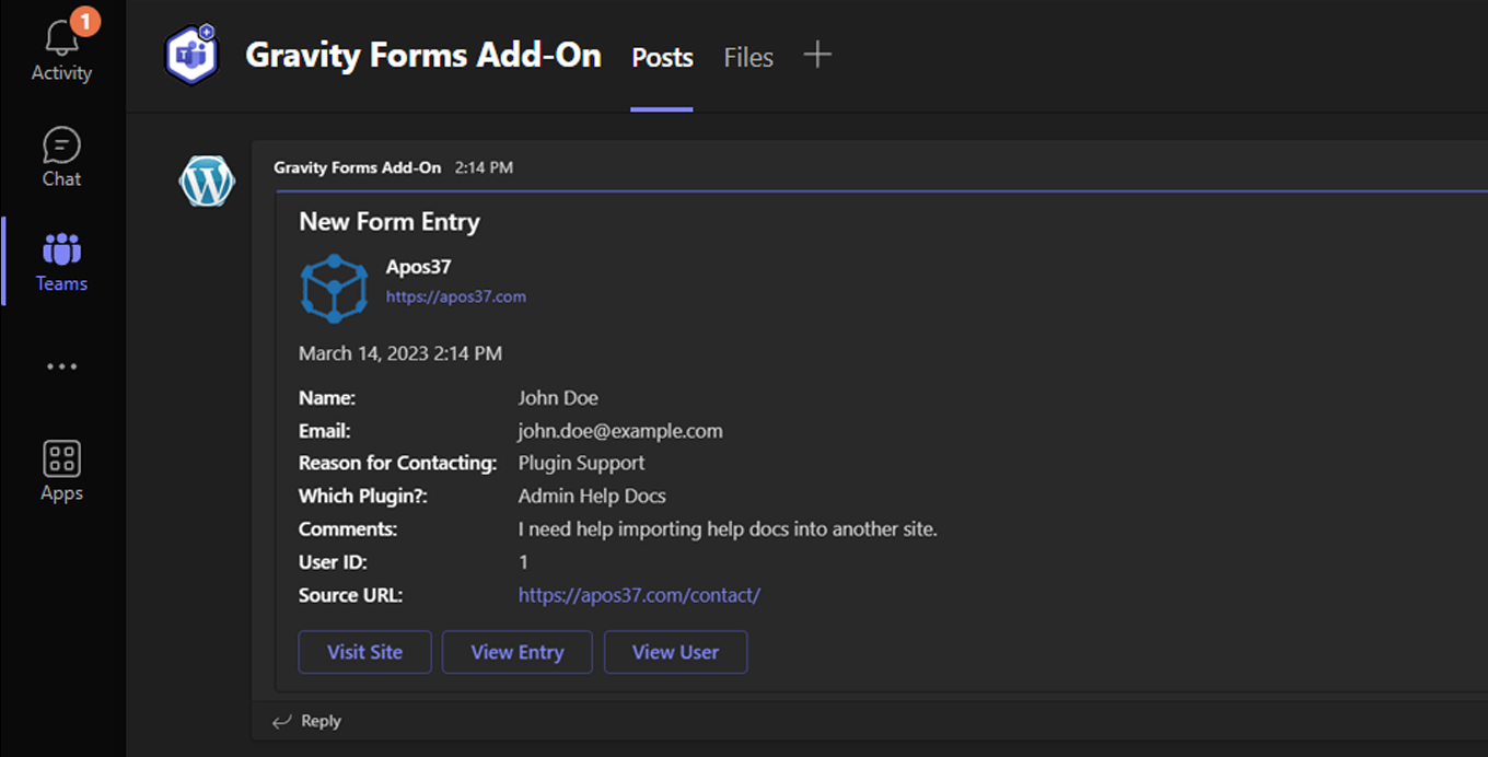 Add-On for Microsoft Teams and Gravity Forms