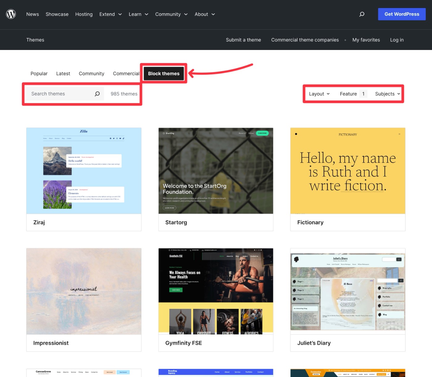 How to find WordPress block themes