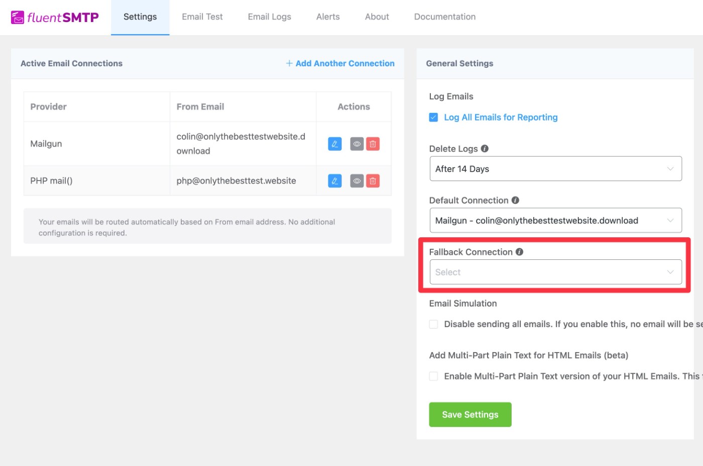 FluentSMTP backup sending method