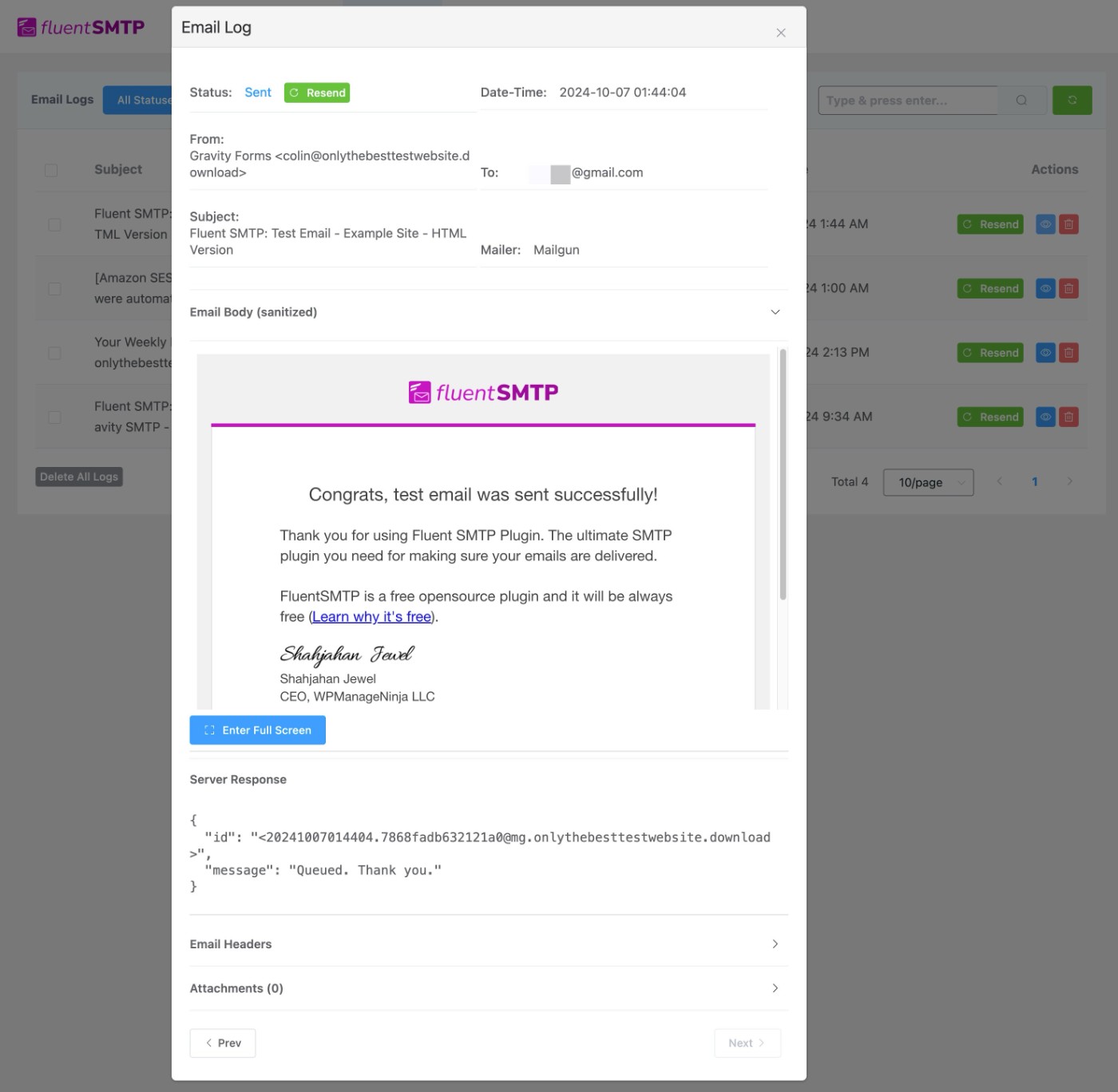 FluentSMTP log details