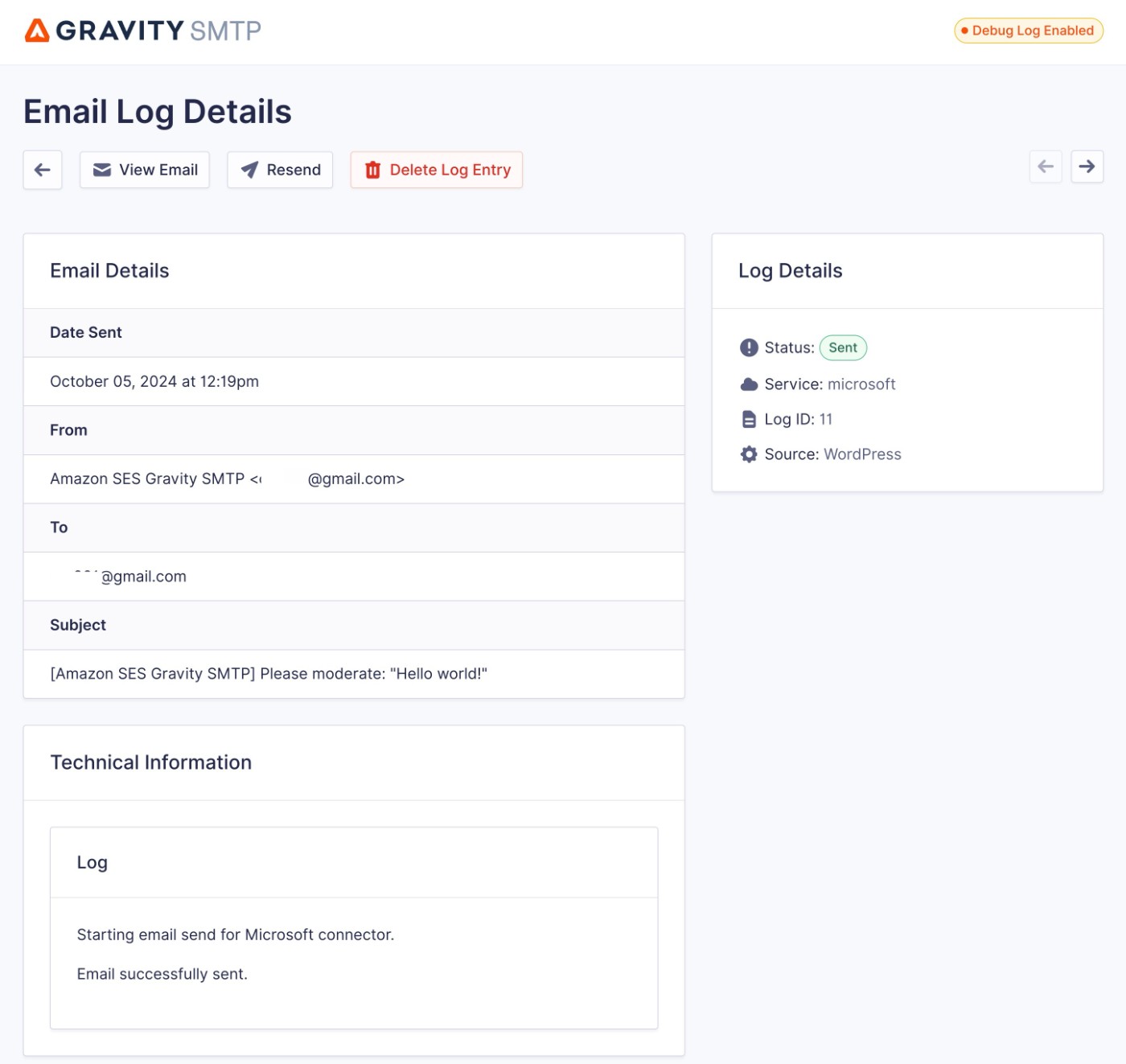 Gravity SMTP log details