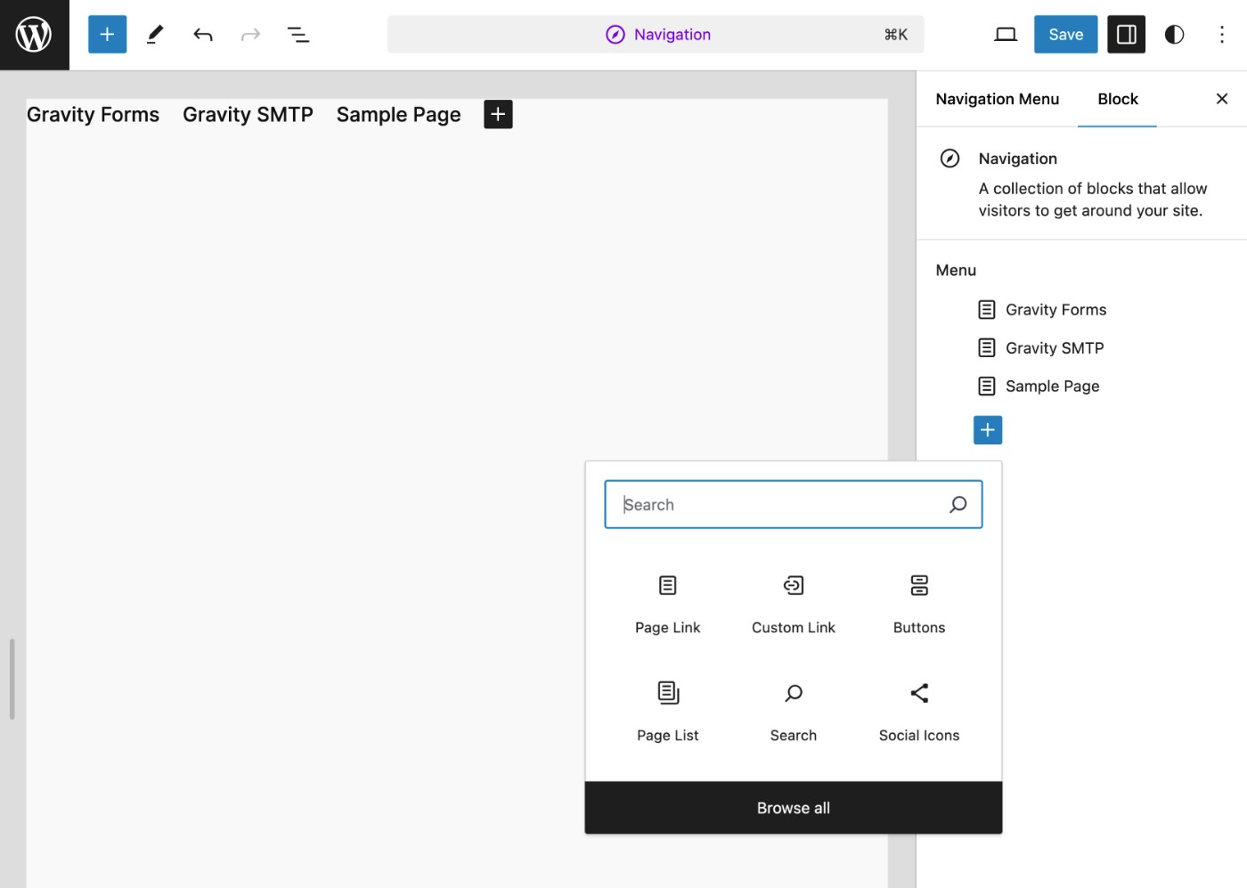 Editing a navigation menu in Site Editor