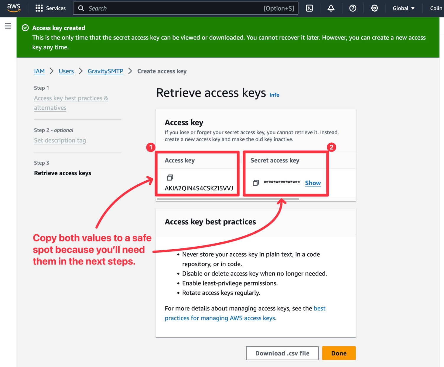 Locate the IAM user access keys