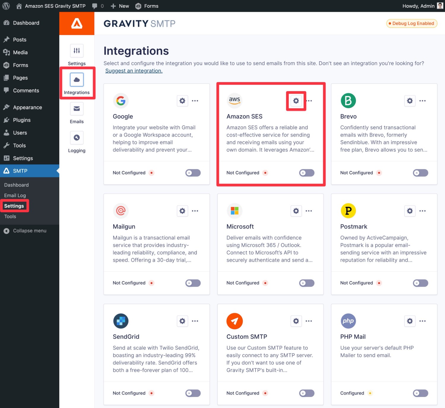 Configure WordPress Amazon SES settings in Gravity SMTP