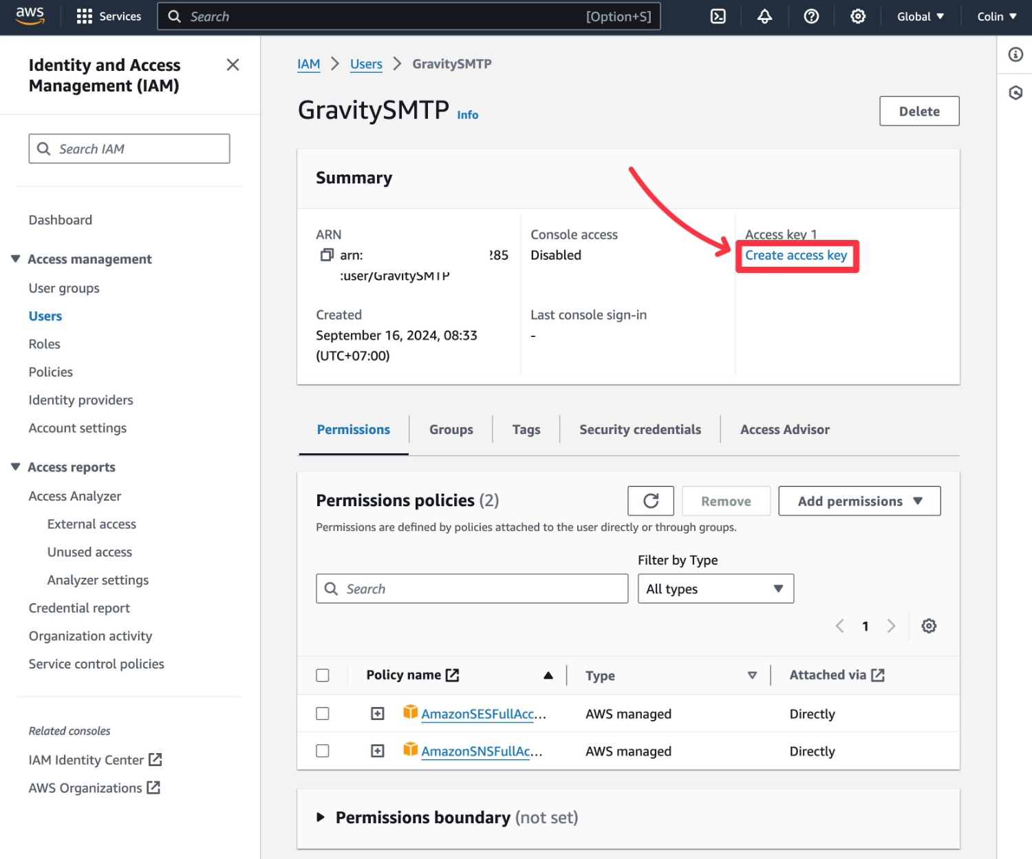 Create access key for IAM user