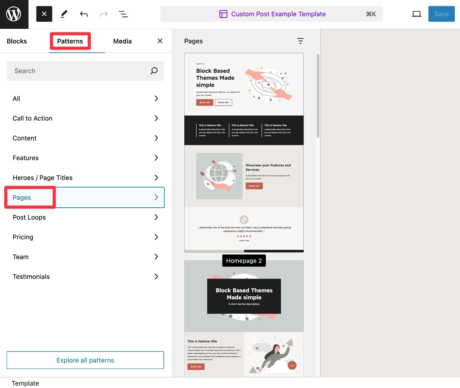 Manually inserting WordPress patterns