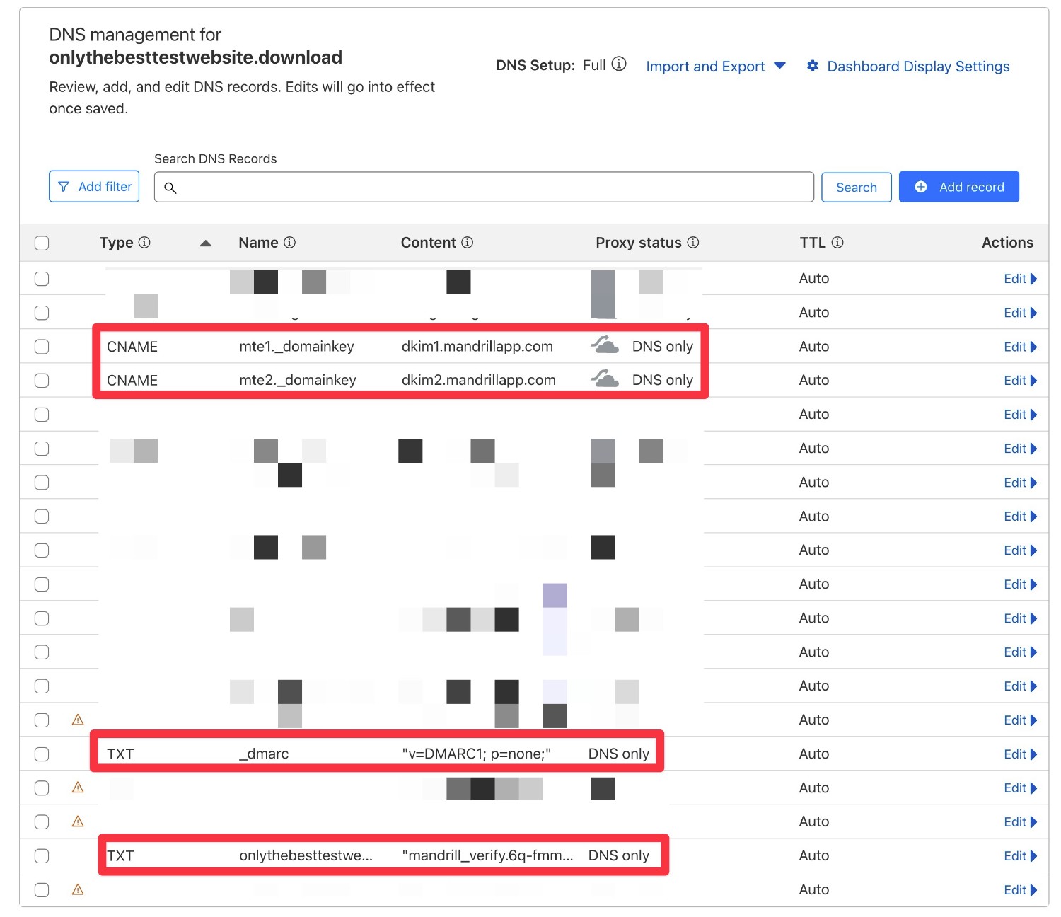 Mailchimp DNS records