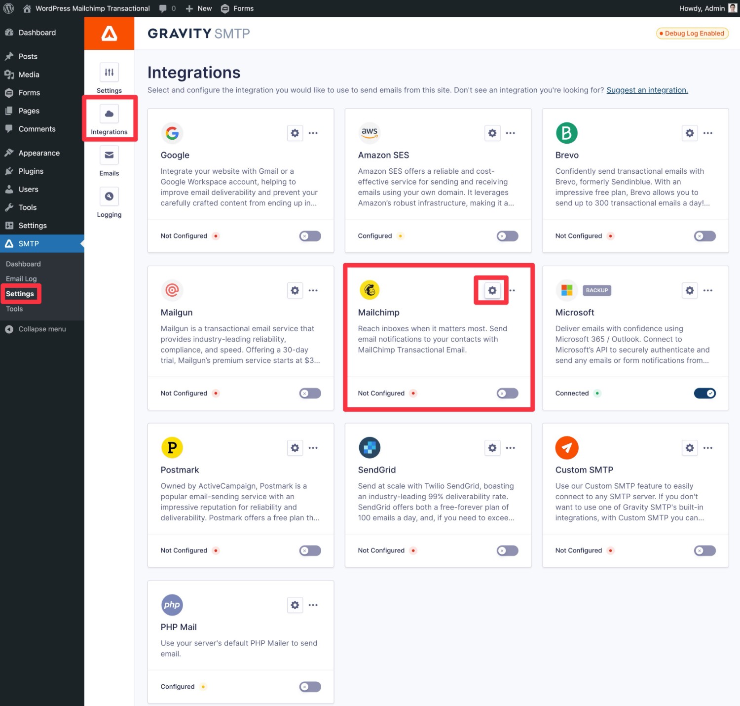 How to open Mailchimp Transactional settings in Gravity SMTP